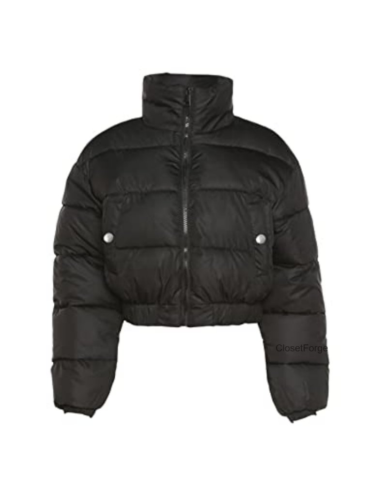 Cropped Quilted Puffer Jacket Full Zip Long Sleeve Winter Coat